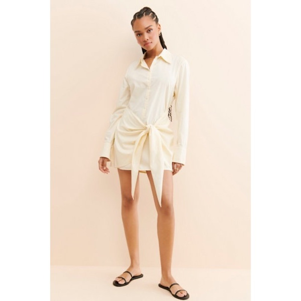 Le Salty Chloe Anthropologie Cream Tie Front Long Sleeve Mini Shirt Dress Size M